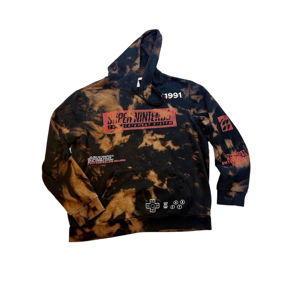 Super Nintendo SNES Acid Wash Hoodie Mens Large Black Bleach Dye 1991 Graphic